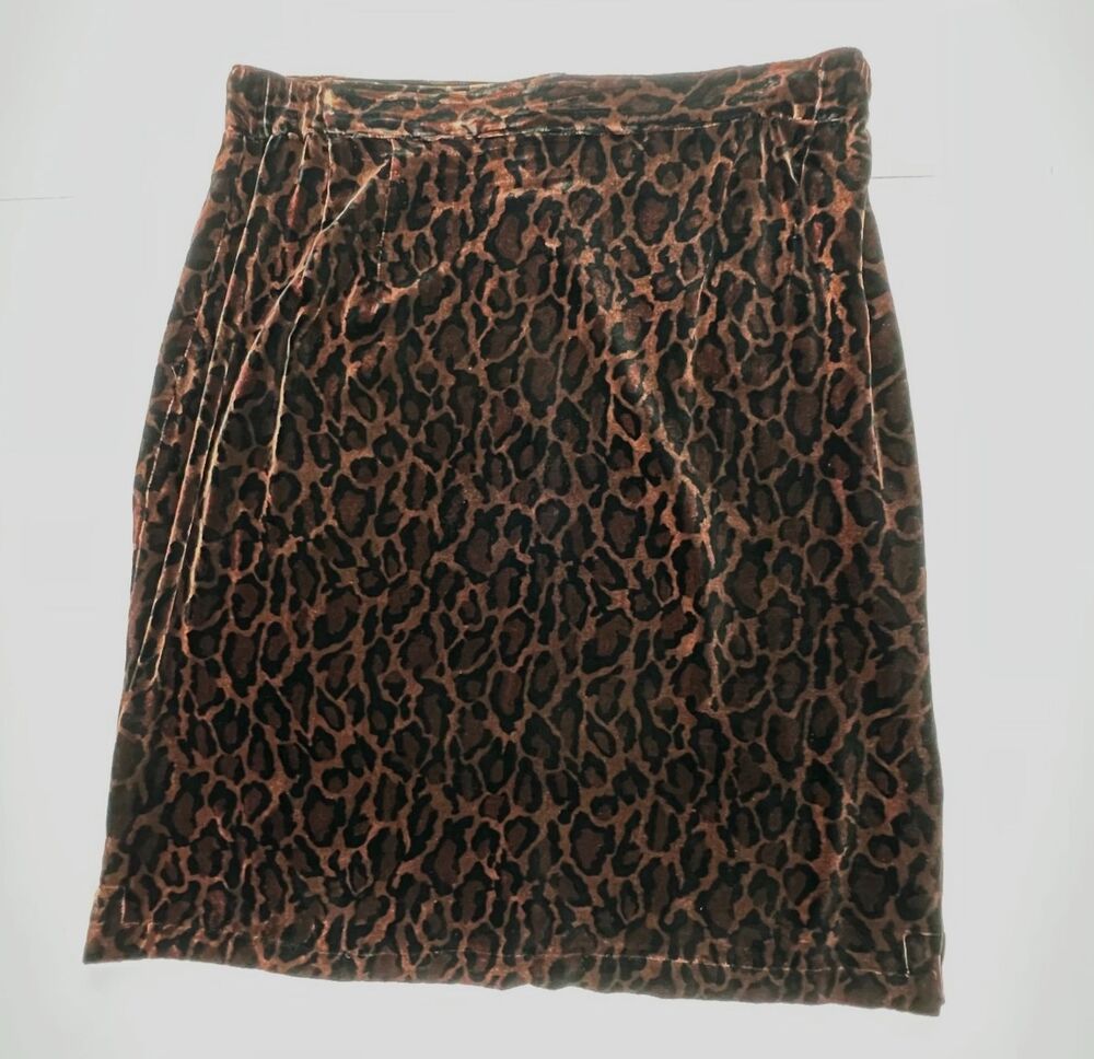 Vintage Arleen Bowman Leopard Print Silk Blend Velvet Skirt Womens L Brown Black